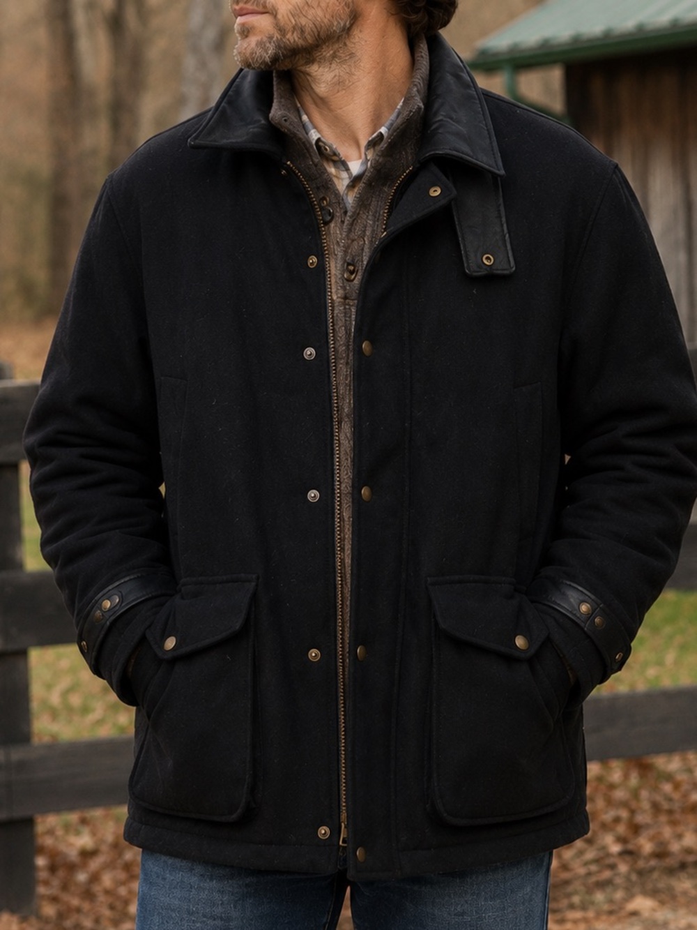 Vintage Polo Ralph Lauren XL Tall Black Wool Barn Field Coat Leather Trim